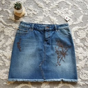 Tommy Hilfiger Raw Hem Embroidered Jean Skirt New